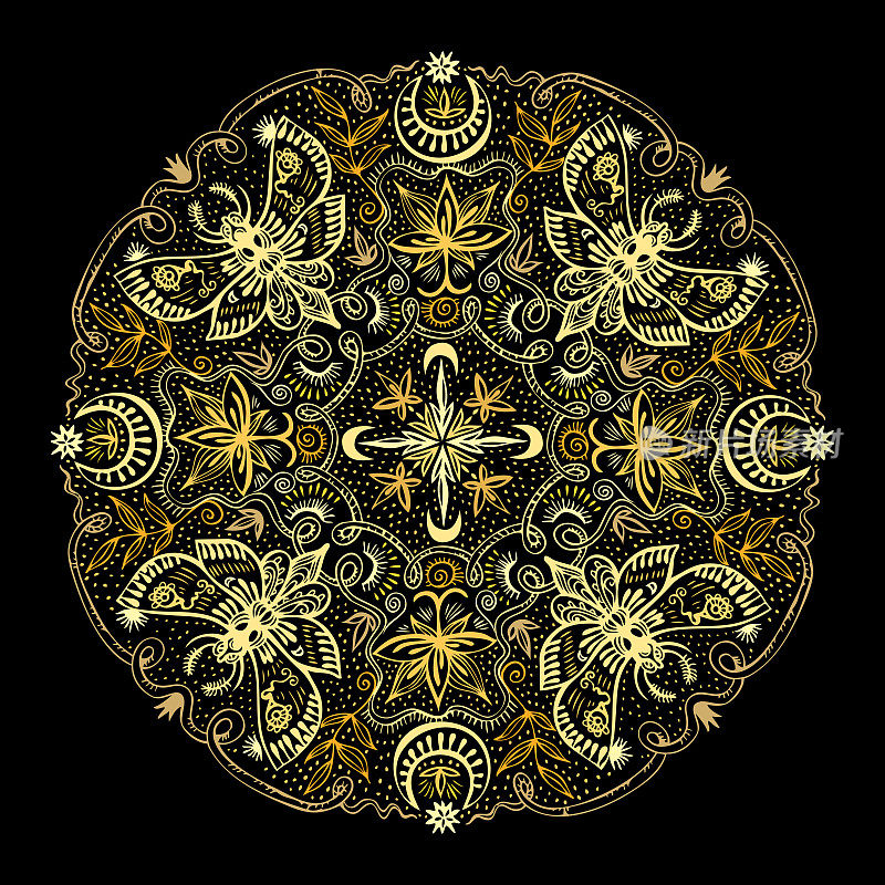 Mystic symbols golden mandala.